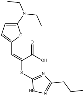 2-Propenoic  acid,  3-[5-(diethylamino)-2-furanyl]-2-[(3-propyl-1H-1,2,4-triazol-5-yl)thio]-,  (2E)- Struktur