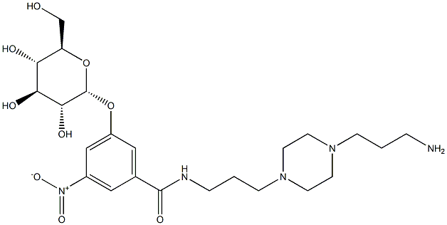 N-[3-[4-(3-aminopropyl)piperazin-1-yl]propyl]-3-nitro-5-[(2R,3R,4S,5S,6R)-3,4,5-trihydroxy-6-(hydroxymethyl)oxan-2-yl]oxy-benzamide Struktur