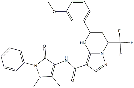 N-(1,5-dimethyl-3-oxo-2-phenyl-2,3-dihydro-1H-pyrazol-4-yl)-5-(3-methoxyphenyl)-7-(trifluoromethyl)-4,5,6,7-tetrahydropyrazolo[1,5-a]pyrimidine-3-carboxamide Struktur