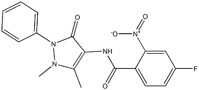 N-(1,5-dimethyl-3-oxo-2-phenyl-2,3-dihydro-1H-pyrazol-4-yl)-4-fluoro-2-nitrobenzamide Struktur