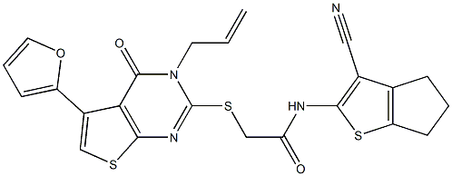 2-{[3-allyl-5-(2-furyl)-4-oxo-3,4-dihydrothieno[2,3-d]pyrimidin-2-yl]sulfanyl}-N-(3-cyano-5,6-dihydro-4H-cyclopenta[b]thien-2-yl)acetamide Struktur