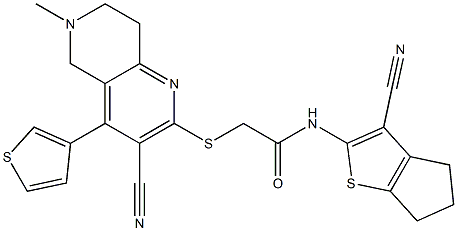 N-(3-cyano-5,6-dihydro-4H-cyclopenta[b]thien-2-yl)-2-{[3-cyano-6-methyl-4-(3-thienyl)-5,6,7,8-tetrahydro[1,6]naphthyridin-2-yl]sulfanyl}acetamide Struktur