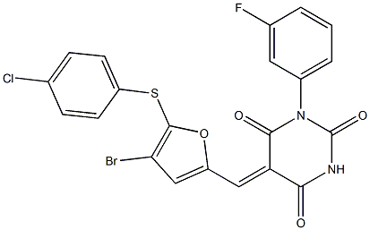 5-({4-bromo-5-[(4-chlorophenyl)sulfanyl]-2-furyl}methylene)-1-(3-fluorophenyl)-2,4,6(1H,3H,5H)-pyrimidinetrione Struktur