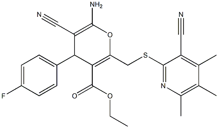 ethyl 6-amino-5-cyano-2-{[(3-cyano-4,5,6-trimethyl-2-pyridinyl)sulfanyl]methyl}-4-(4-fluorophenyl)-4H-pyran-3-carboxylate Struktur