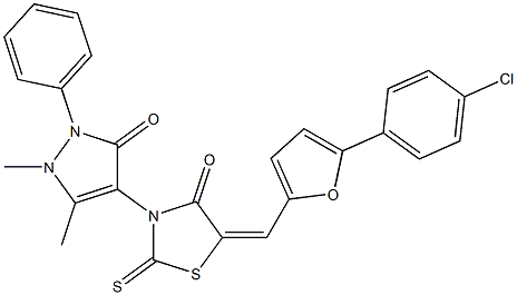 5-{[5-(4-chlorophenyl)-2-furyl]methylene}-3-(1,5-dimethyl-3-oxo-2-phenyl-2,3-dihydro-1H-pyrazol-4-yl)-2-thioxo-1,3-thiazolidin-4-one Struktur