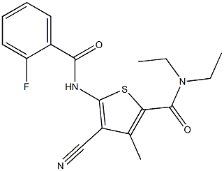 4-cyano-N,N-diethyl-5-{[(2-fluorophenyl)carbonyl]amino}-3-methylthiophene-2-carboxamide Struktur