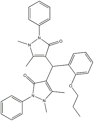 4-{(1,5-dimethyl-3-oxo-2-phenyl-2,3-dihydro-1H-pyrazol-4-yl)[2-(propyloxy)phenyl]methyl}-1,5-dimethyl-2-phenyl-1,2-dihydro-3H-pyrazol-3-one Struktur