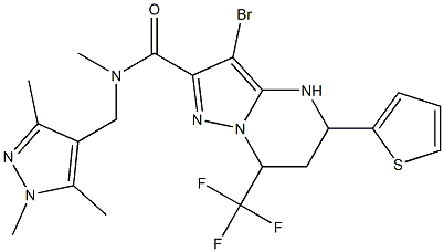 3-bromo-N-methyl-5-thien-2-yl-7-(trifluoromethyl)-N-[(1,3,5-trimethyl-1H-pyrazol-4-yl)methyl]-4,5,6,7-tetrahydropyrazolo[1,5-a]pyrimidine-2-carboxamide Struktur