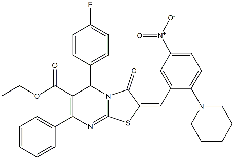 ethyl 5-(4-fluorophenyl)-2-[5-nitro-2-(1-piperidinyl)benzylidene]-3-oxo-7-phenyl-2,3-dihydro-5H-[1,3]thiazolo[3,2-a]pyrimidine-6-carboxylate Struktur