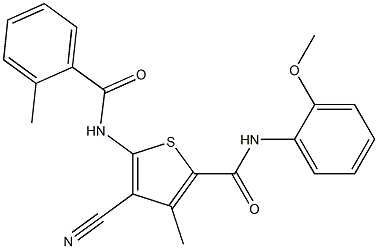 4-cyano-3-methyl-N-[2-(methyloxy)phenyl]-5-{[(2-methylphenyl)carbonyl]amino}thiophene-2-carboxamide Struktur