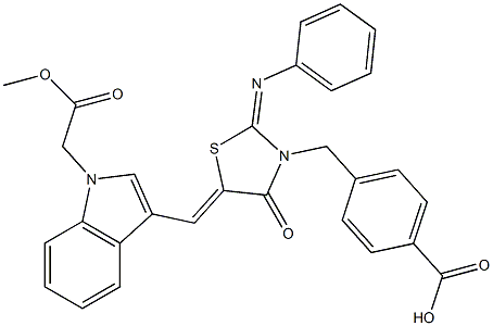 4-{[5-{[1-(2-methoxy-2-oxoethyl)-1H-indol-3-yl]methylene}-4-oxo-2-(phenylimino)-1,3-thiazolidin-3-yl]methyl}benzoic acid Struktur