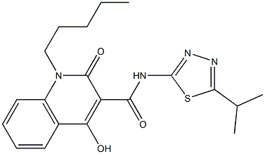 4-hydroxy-N-[5-(1-methylethyl)-1,3,4-thiadiazol-2-yl]-2-oxo-1-pentyl-1,2-dihydroquinoline-3-carboxamide Struktur