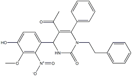 5-acetyl-4-{4-hydroxy-2-nitro-3-methoxyphenyl}-6-phenyl-1-(2-phenylethyl)-3,4-dihydro-2(1H)-pyrimidinone Struktur