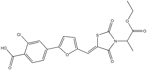 2-chloro-4-(5-{[3-(2-ethoxy-1-methyl-2-oxoethyl)-2,4-dioxo-1,3-thiazolidin-5-ylidene]methyl}-2-furyl)benzoic acid Struktur