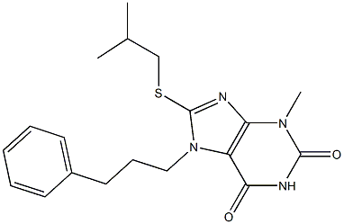 3-methyl-8-[(2-methylpropyl)sulfanyl]-7-(3-phenylpropyl)-3,7-dihydro-1H-purine-2,6-dione Struktur