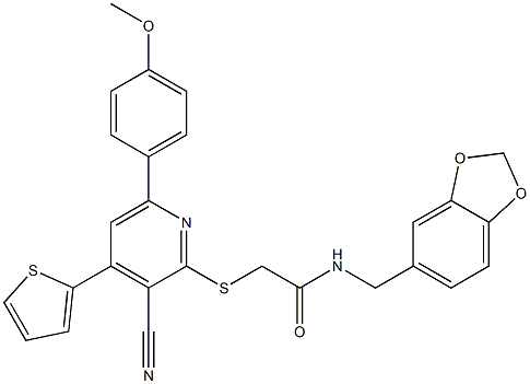 N-(1,3-benzodioxol-5-ylmethyl)-2-{[3-cyano-6-(4-methoxyphenyl)-4-(2-thienyl)-2-pyridinyl]sulfanyl}acetamide Struktur