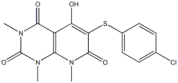 6-[(4-chlorophenyl)sulfanyl]-5-hydroxy-1,3,8-trimethylpyrido[2,3-d]pyrimidine-2,4,7(1H,3H,8H)-trione Struktur