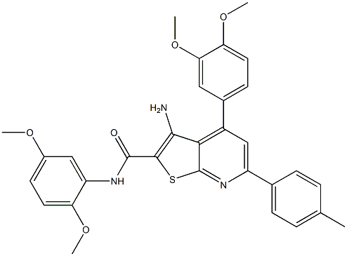 3-amino-N-(2,5-dimethoxyphenyl)-4-(3,4-dimethoxyphenyl)-6-(4-methylphenyl)thieno[2,3-b]pyridine-2-carboxamide Struktur