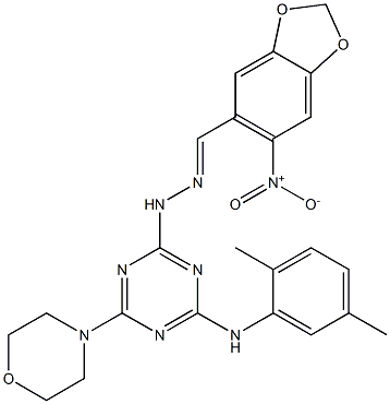 6-nitro-1,3-benzodioxole-5-carbaldehyde [4-(2,5-dimethylanilino)-6-(4-morpholinyl)-1,3,5-triazin-2-yl]hydrazone Struktur