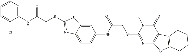 N-(2-{[2-(2-chloroanilino)-2-oxoethyl]sulfanyl}-1,3-benzothiazol-6-yl)-2-[(3-methyl-4-oxo-3,4,5,6,7,8-hexahydro[1]benzothieno[2,3-d]pyrimidin-2-yl)sulfanyl]acetamide Struktur