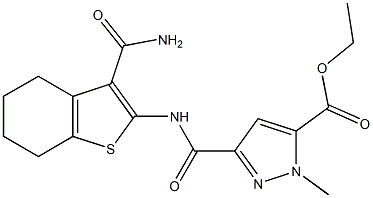 ethyl 3-({[3-(aminocarbonyl)-4,5,6,7-tetrahydro-1-benzothien-2-yl]amino}carbonyl)-1-methyl-1H-pyrazole-5-carboxylate Struktur