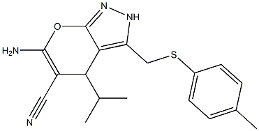 6-amino-4-isopropyl-3-{[(4-methylphenyl)sulfanyl]methyl}-2,4-dihydropyrano[2,3-c]pyrazole-5-carbonitrile Struktur