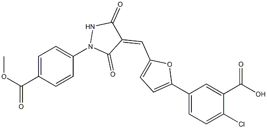 2-chloro-5-[5-({1-[4-(methoxycarbonyl)phenyl]-3,5-dioxo-4-pyrazolidinylidene}methyl)-2-furyl]benzoic acid Struktur