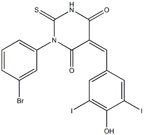 1-(3-bromophenyl)-5-(4-hydroxy-3,5-diiodobenzylidene)-2-thioxodihydro-4,6(1H,5H)-pyrimidinedione Struktur