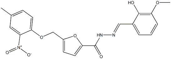 N'-(2-hydroxy-3-methoxybenzylidene)-5-({2-nitro-4-methylphenoxy}methyl)-2-furohydrazide Struktur