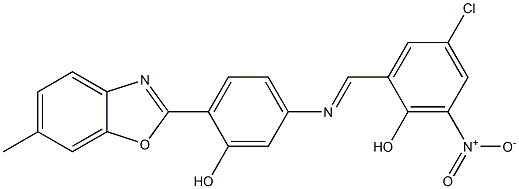 4-chloro-2-({[3-hydroxy-4-(6-methyl-1,3-benzoxazol-2-yl)phenyl]imino}methyl)-6-nitrophenol Struktur