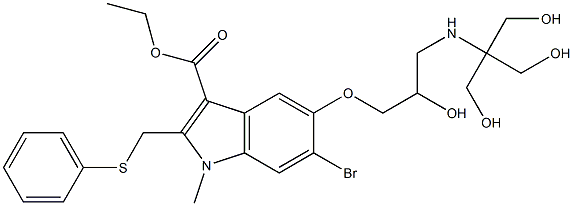 ethyl 6-bromo-5-(2-hydroxy-3-{[2-hydroxy-1,1-bis(hydroxymethyl)ethyl]amino}propoxy)-1-methyl-2-[(phenylsulfanyl)methyl]-1H-indole-3-carboxylate Struktur