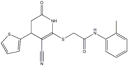 2-{[3-cyano-6-oxo-4-(2-thienyl)-1,4,5,6-tetrahydro-2-pyridinyl]sulfanyl}-N-(2-methylphenyl)acetamide Struktur