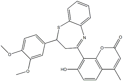 8-[2-(3,4-dimethoxyphenyl)-2,3-dihydro-1,5-benzothiazepin-4-yl]-7-hydroxy-4-methyl-2H-chromen-2-one Struktur