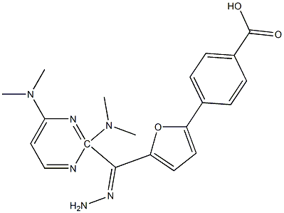 4-(5-{2-[2,6-bis(dimethylamino)-4-pyrimidinyl]carbohydrazonoyl}-2-furyl)benzoic acid Struktur