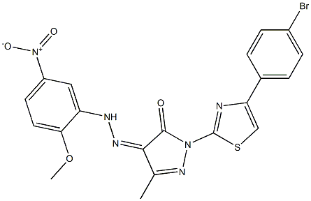 1-[4-(4-bromophenyl)-1,3-thiazol-2-yl]-3-methyl-1H-pyrazole-4,5-dione 4-[N-(2-methoxy-5-nitrophenyl)hydrazone] Struktur