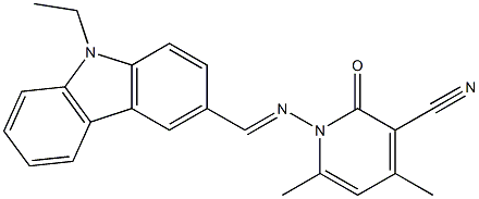 1-{[(E)-(9-ethyl-9H-carbazol-3-yl)methylidene]amino}-4,6-dimethyl-2-oxo-1,2-dihydro-3-pyridinecarbonitrile Struktur