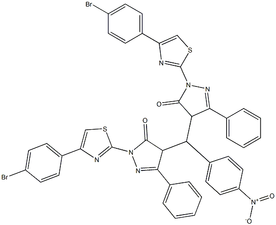 2-[4-(4-bromophenyl)-1,3-thiazol-2-yl]-4-[{1-[4-(4-bromophenyl)-1,3-thiazol-2-yl]-5-oxo-3-phenyl-4,5-dihydro-1H-pyrazol-4-yl}(4-nitrophenyl)methyl]-5-phenyl-2,4-dihydro-3H-pyrazol-3-one Struktur