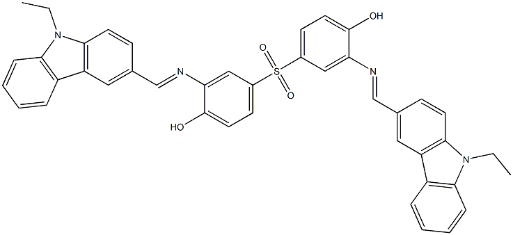 2-{[(E)-(9-ethyl-9H-carbazol-3-yl)methylidene]amino}-4-[(3-{[(E)-(9-ethyl-9H-carbazol-3-yl)methylidene]amino}-4-hydroxyphenyl)sulfonyl]phenol Struktur