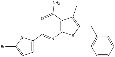 5-benzyl-2-{[(E)-(5-bromo-2-thienyl)methylidene]amino}-4-methyl-3-thiophenecarboxamide Struktur