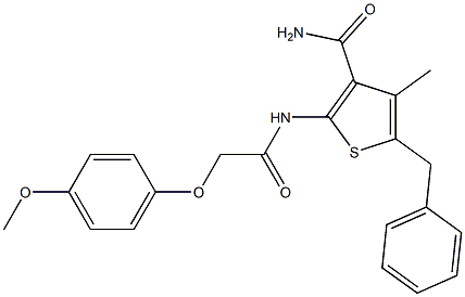 5-benzyl-2-{[2-(4-methoxyphenoxy)acetyl]amino}-4-methyl-3-thiophenecarboxamide Struktur