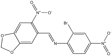 2-bromo-4-nitro-N-[(E)-(6-nitro-1,3-benzodioxol-5-yl)methylidene]aniline Struktur