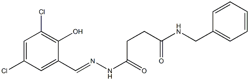 N-benzyl-4-{2-[(E)-(3,5-dichloro-2-hydroxyphenyl)methylidene]hydrazino}-4-oxobutanamide Struktur