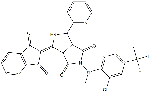 2-[[3-chloro-5-(trifluoromethyl)-2-pyridinyl](methyl)amino]-4-(1,3-dioxo-1,3-dihydro-2H-inden-2-yliden)-6-(2-pyridinyl)tetrahydropyrrolo[3,4-c]pyrrole-1,3(2H,3aH)-dione Struktur