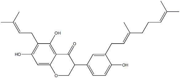 2,3-Dihydro-5,7-dihydroxy-3-[4-hydroxy-3-[(2E)-3,7-dimethyl-2,6-octadienyl]phenyl]-6-(3-methyl-2-butenyl)-4H-1-benzopyran-4-one Struktur