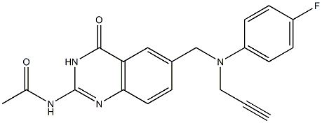 2-Acetylamino-6-[N-(4-fluorophenyl)-N-(2-propynyl)aminomethyl]quinazolin-4(3H)-one Struktur