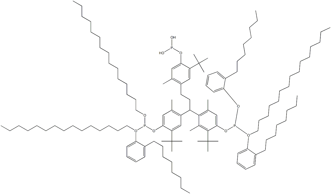 [3-Methyl-1,1,3-propanetriyltris(2-tert-butyl-5-methyl-4,1-phenyleneoxy)]tris(phosphonous acid)O,O',O''-tripentadecyl O,O',O''-tris(2-octylphenyl) ester Struktur