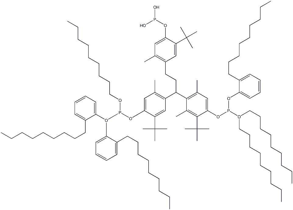 [3-Methyl-1,1,3-propanetriyltris(2-tert-butyl-5-methyl-4,1-phenyleneoxy)]tris(phosphonous acid)O,O',O'-trinonyl O,O'',O''-tris(2-nonylphenyl) ester Struktur