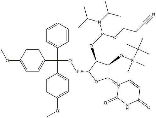 2'-O-(tert-Butyldimethylsilyl)-3'-O-[(2-cyanoethoxy)(diisopropylamino)phosphino]-5'-O-(4,4'-dimethoxytrityl)uridine Struktur