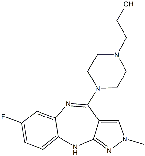 2-Methyl-4-(4-(2-hydroxyethyl)piperazin-1-yl)-7-fluoro-2,10-dihydropyrazolo[3,4-b][1,5]benzodiazepine Struktur