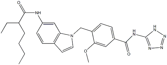 4-[6-(2-Ethylhexanoylamino)-1H-indol-1-ylmethyl]-3-methoxy-N-(1H-tetrazol-5-yl)benzamide Struktur